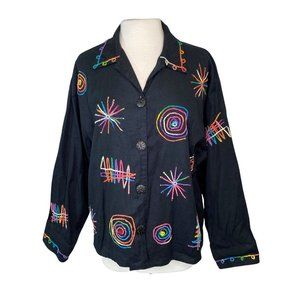 Rainbow Swirl Pattern Jacket Size L Large Black Cotton Linen Blend Womens